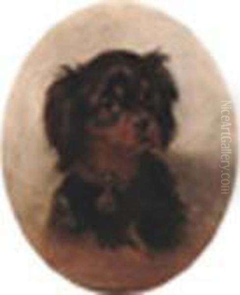 Aspaniel Puppy Signed And Dated 1876, Oil On Canvas 13 X 11in. Oval Oil Painting by Herbert William Weekes