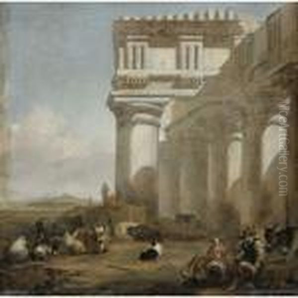 A Roman Temple With Cattle Herders Oil Painting by Jan Baptist Weenix