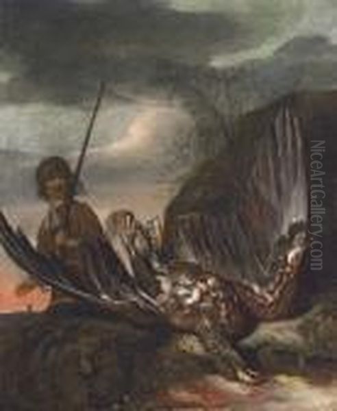 A Fallen Eagle In A Mountainous Landscape, A Huntsman Beyond Oil Painting by Jan Baptist Weenix