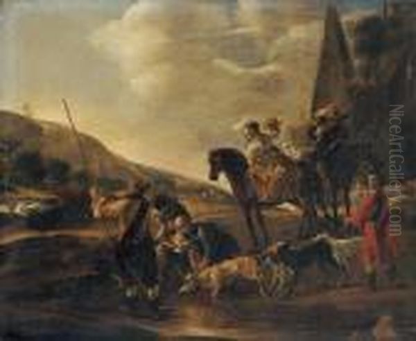 Hofische Jagdgesellschaft Mit Falken Und Hunden Oil Painting by Jan Baptist Weenix