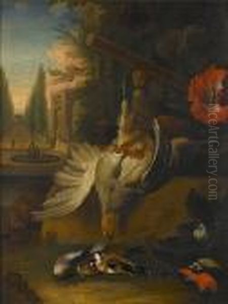 A Dead Partridge With Dead Songbirds With A View To A Park Landscape Beyond Oil Painting by Jan Baptist Weenix