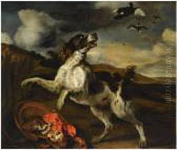 A Landscape With An English 
Springer Spaniel Chasing Of Birds In The Sky, A Bowl With Meat In The 
Foreground by Jan Baptist Weenix