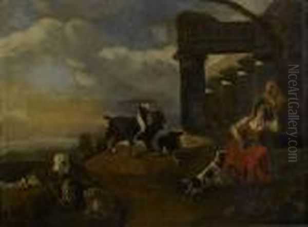 Hirtin Mit Herde. Oil Painting by Jan Baptist Weenix