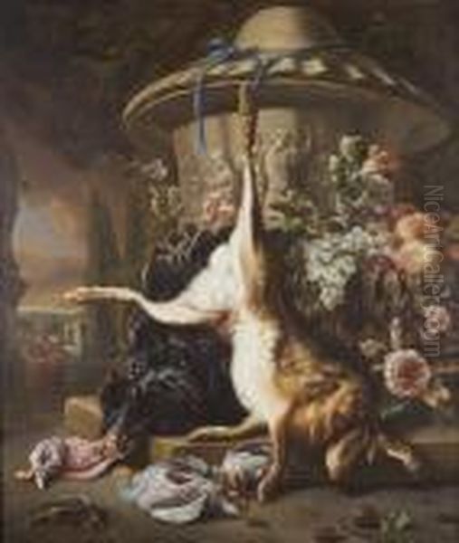 A Dead Hare With A Dead Turkey 
And Grouse Beside A Basket Of Grapes And Peaches Before A Stone Urn, A 
View To A Palace Garden Beyond Oil Painting by Jan Baptist Weenix