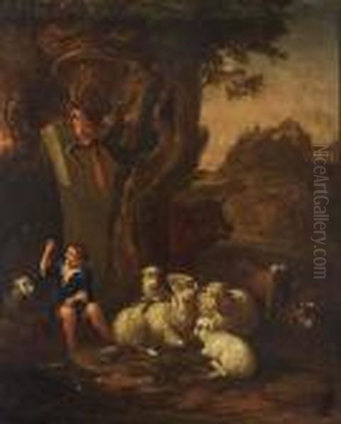 Young Shepherd With His Herd And A Macaw Resting Near A Tree In An Arcadian Landscape Oil Painting by Jan Baptist Weenix