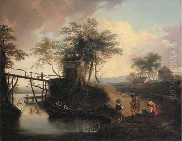 A River Landscape With Travellers On A Path Oil Painting by Jan Baptist Weenix