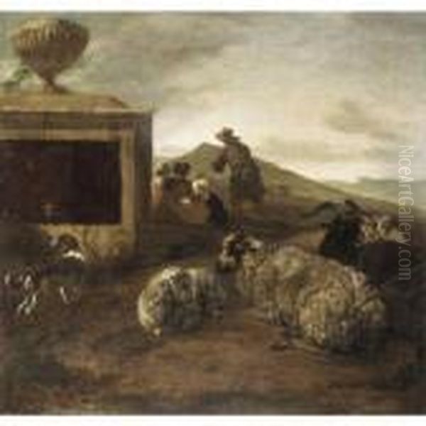 A Southern Landscape With Shepherds And Their Flock Beside A Tomb Oil Painting by Jan Baptist Weenix