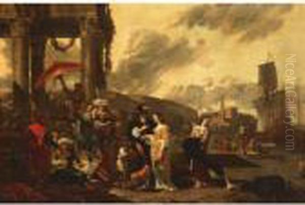 A Mediterranean Harbour Scene With Elegant Figures In The Foreground, A Village Beyond Oil Painting by Jan Baptist Weenix