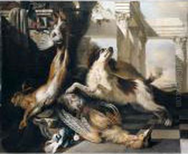 Still Life Of A Spaniel Guarding
 A Bittern, Partridge, Hare And A Pigeon, Together With Hunting 
Equipment, Arranged Within A Classical Setting Oil Painting by Jan Baptist Weenix