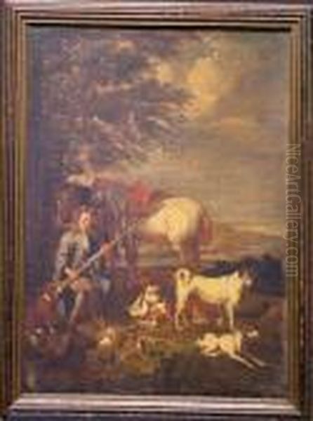 Hunter In A Landscape With Horses And Dogs Oil Painting by Jan Baptist Weenix