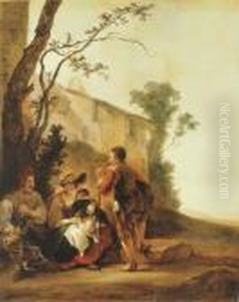 A Shepherd Conversing With A Peasant Family Seated By A Tree Oil Painting by Jan Baptist Weenix