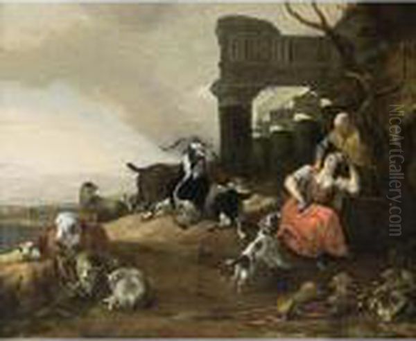 An Italianate Landscape With A 
Shepherd Couple Resting With Their Cattle And A Dog Near Roman Ruins Oil Painting by Jan Baptist Weenix