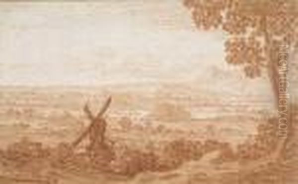 An Extensive Panoramic Landscape With A Windmill Oil Painting by Jan Baptist Weenix