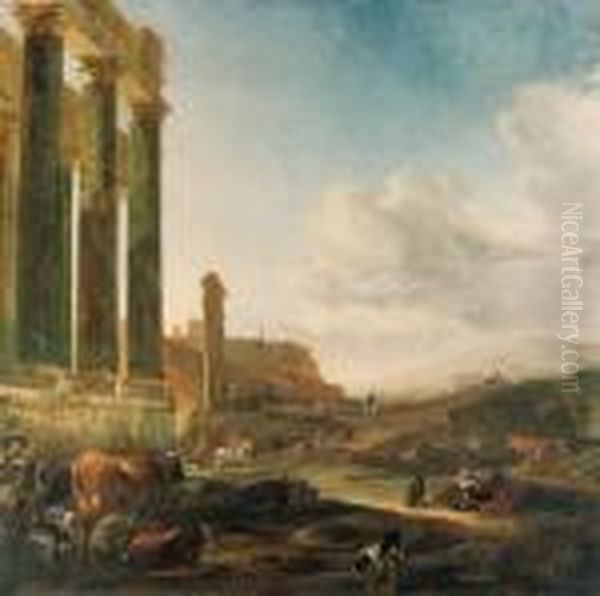 An Italianate Landscape With A 
Ruined Doric Colonnade, A Herdsmanwith Cattle And Sheep At Rest, 
Horsemen And Figures Beyond Oil Painting by Jan Baptist Weenix