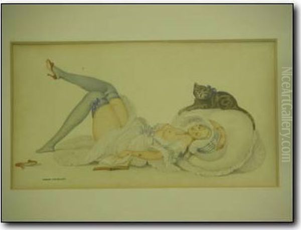 Reclining Semi Nude Woman With Cat On Large Cushion Oil Painting by Gerda Wegener