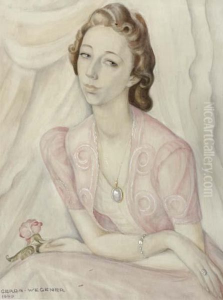 Portrait Of A Lady In A Pink Dress, Holding A Red Rose Oil Painting by Gerda Wegener