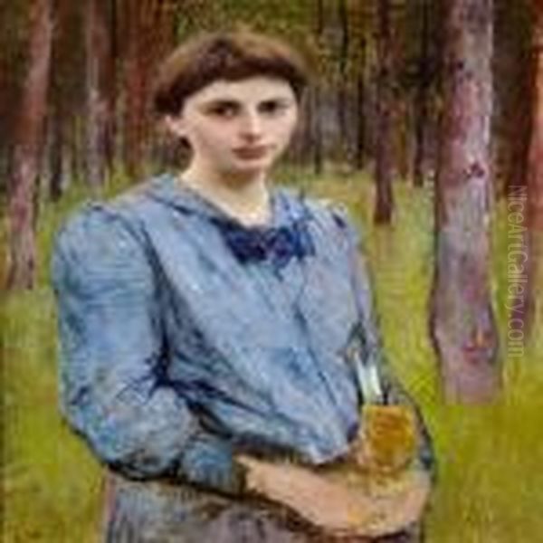 Portrait Of A Young Woman In A Blue Dress Oil Painting by Bertha Wegmann