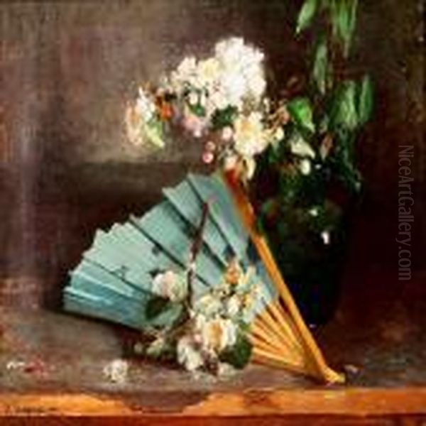 A Blue Fan At A Greenjug With Flowering Apple Branches Oil Painting by Bertha Wegmann