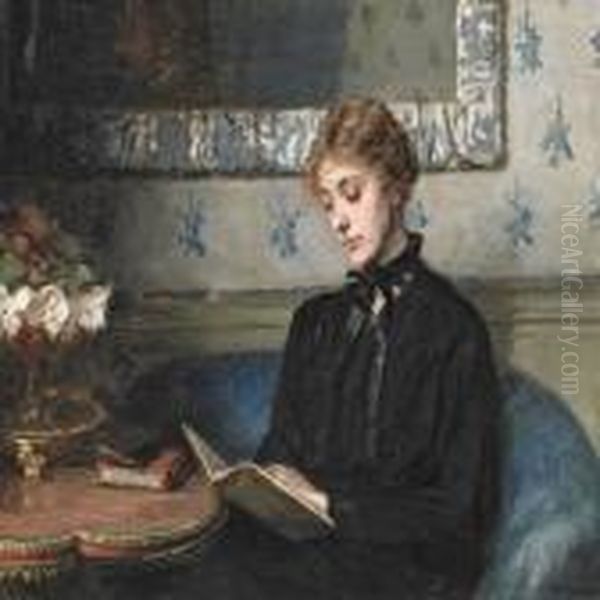 Portrait Of A Readingyoung Woman Oil Painting by Bertha Wegmann