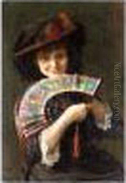 Portrait Of A Girl With A Fan Oil Painting by Bertha Wegmann