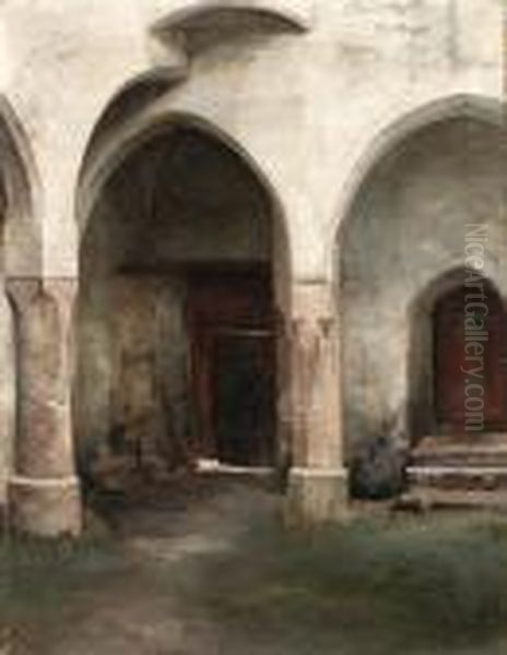 A Courtyard Oil Painting by Bertha Wegmann