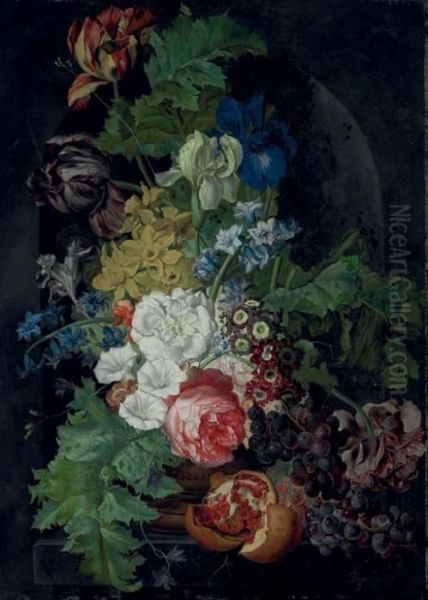 Tulips, Irises, Morning Glories 
And Other Flowers In An Urn, With Grapes And A Pomegranate, In A Stone 
Niche by Sebastian Wegmayr