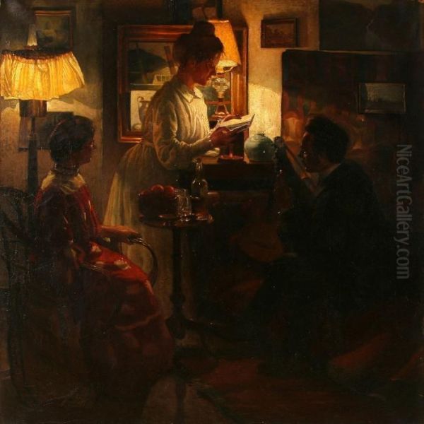 Interior Med Tre Figurer Oil Painting by Edvard Weie