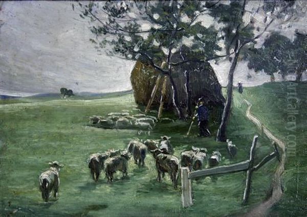 Shepherd And Flock Beside A Haystack Oil Painting by Edvard Weie