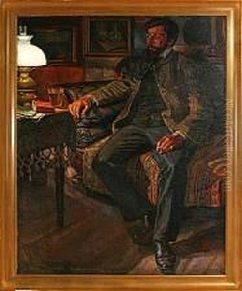 Portraet Af Maleren Marius Hammann I Interior Med Lampelys Oil Painting by Edvard Weie