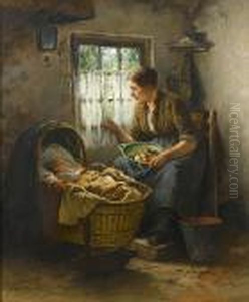 Mother And Child In An Interior Oil Painting by Johannes Weiland