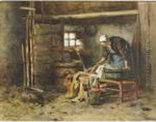 Washerwoman In A Cottage Interior Oil Painting by Johannes Weiland