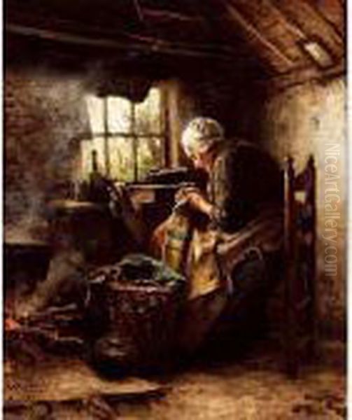 Woman Sewing Oil Painting by Johannes Weiland