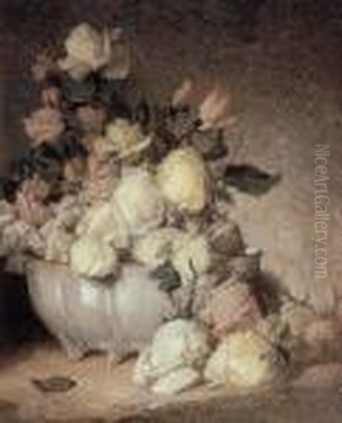 Roses In A Porcelain Bowl Oil Painting by John Ferguson Weir