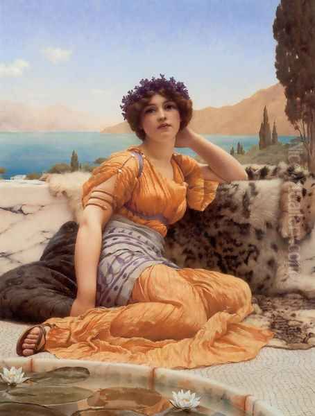 'With Violets Wreathed and Robe of Saffron Hue' Oil Painting by John William Godward