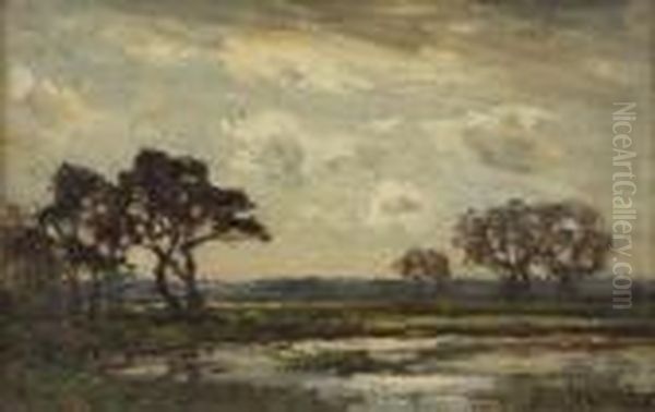 Trees Beside A Pond Under Cloudy Skies Oil Painting by Jose Weiss