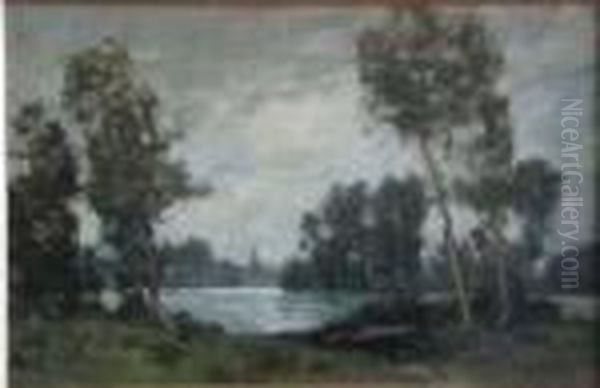 Wooded River Landscape At Dusk Oil Painting by Jose Weiss