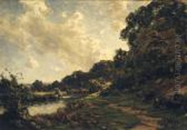 A Wooded River Landscape Oil Painting by Jose Weiss