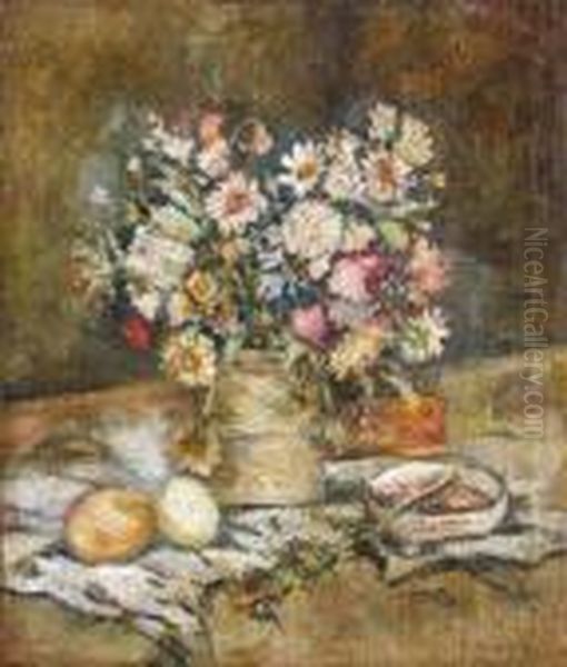 Nature Morte Aux Fleurs, Fruits, Coupe Et Livre Oil Painting by Leon Weissberg