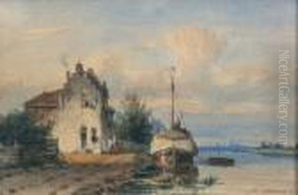 Hooischuit Bij Huis Aan Een Kade Oil Painting by Jan Weissenbruch