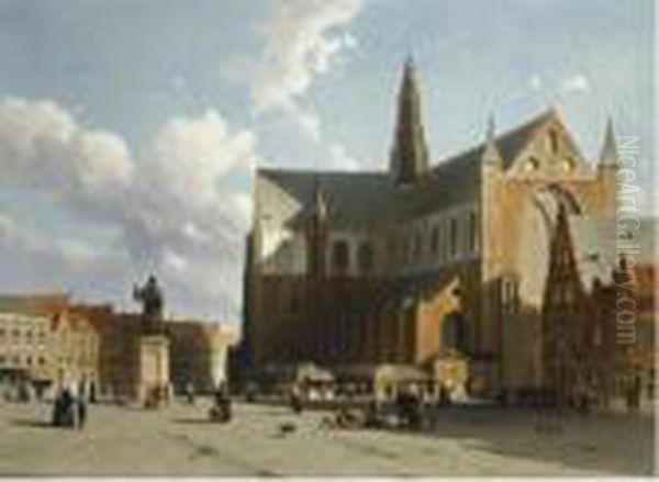 A View Of The Grote Markt With The Sint Bavo, Haarlem Oil Painting by Jan Weissenbruch