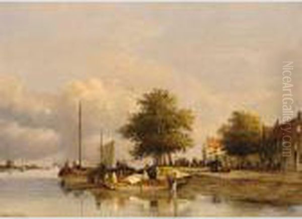 Townsfolk On A Quay In Wijk Bij Duurstede by Jan Weissenbruch