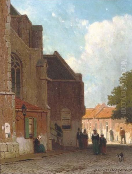 Villagers On A Street By A Church Oil Painting by Jan Weissenbruch