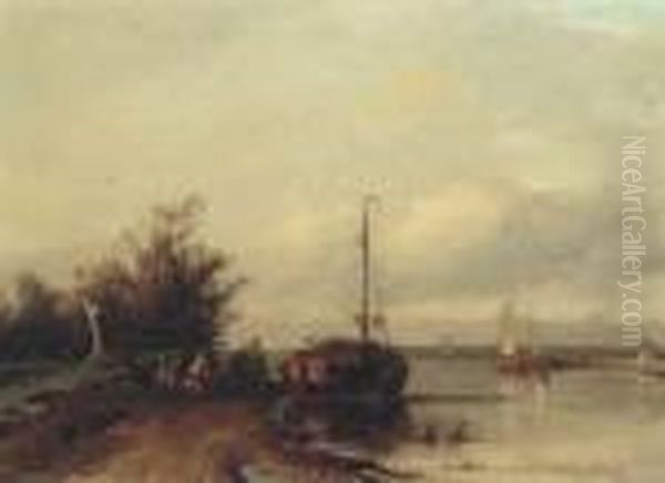 Figures Resting On A Riverbank By A Moored Sailing Vessel Oil Painting by Jan Weissenbruch