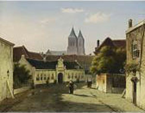 A View Of The St. Catherine 
Hospital In The Beekstraat In Arnhem, With The Walburg Church In The 
Background Oil Painting by Jan Weissenbruch