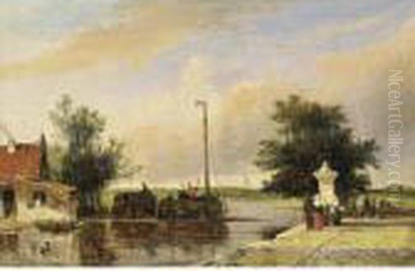 A River Landscape With Boats And Figures On A Quay Oil Painting by Jan Weissenbruch