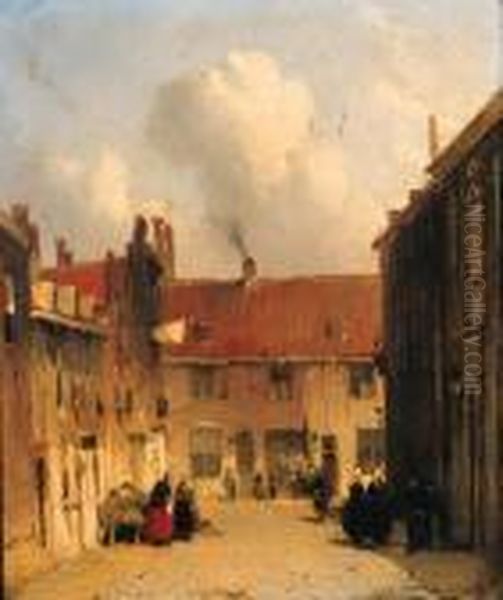 Villagers In A Sunlit Street Oil Painting by Jan Weissenbruch