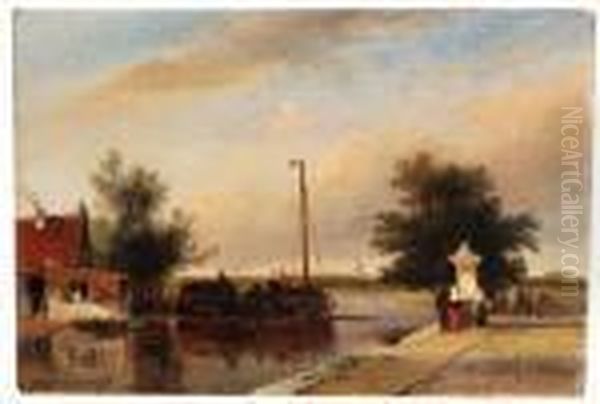 Moored Boats With Figures Strolling Along A Quay Oil Painting by Jan Weissenbruch