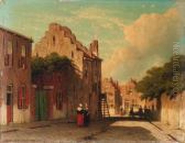 A Sunlit Townview With Figures Conversing Oil Painting by Jan Weissenbruch