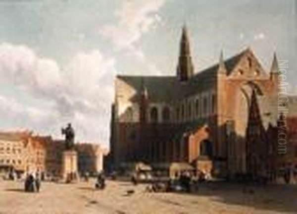 View Of The Grote Markt, 
Haarlem, With Numerous Townsfolk Strollingalong The Statue Of Laurens 
Jansz. Coster In Front Of The St.bavo Oil Painting by Jan Weissenbruch