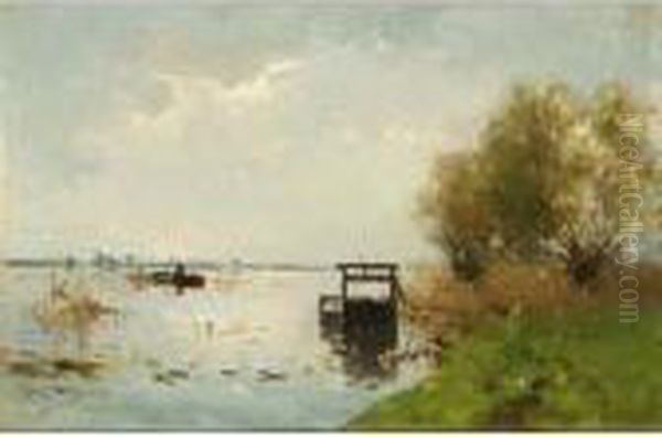 An Angler In A Polder Landscape Oil Painting by Willem Johannes Weissenbruch